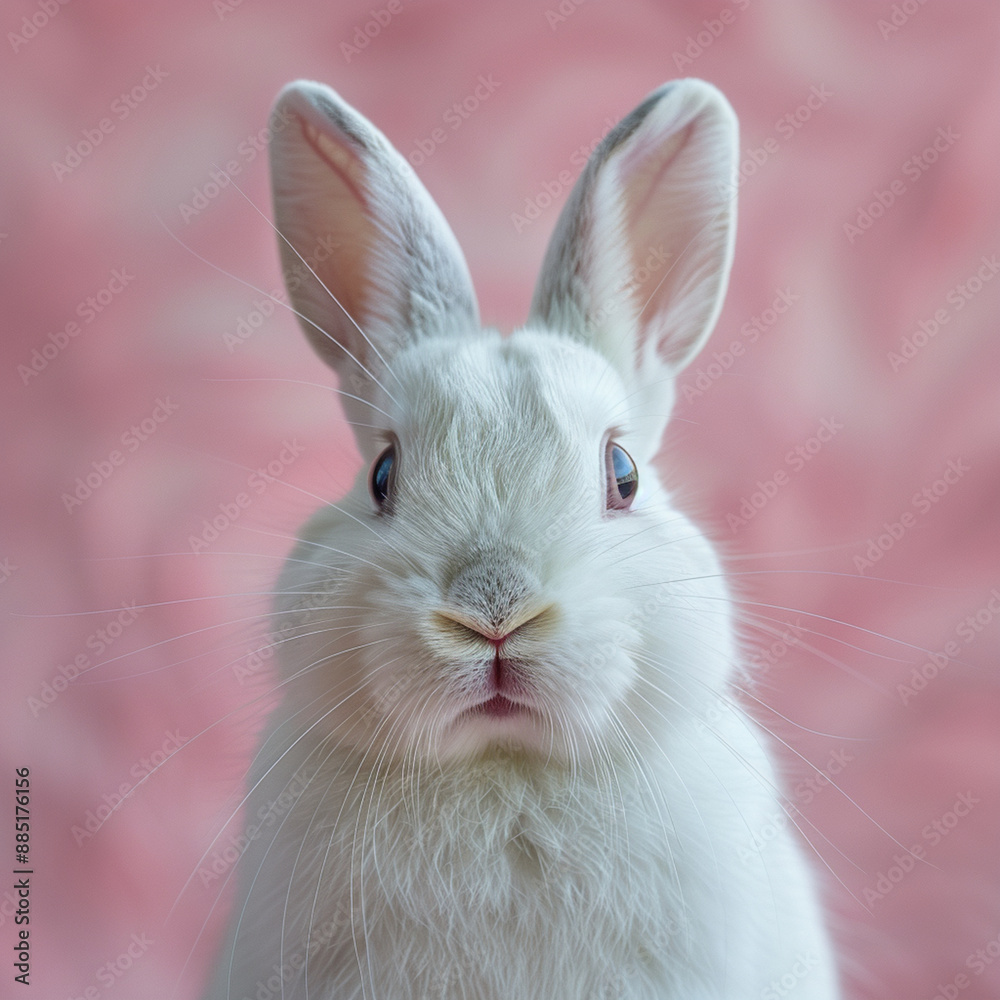 Portrait of a white cute rabbit with surprised expression on a pink background,surprised looking rabbit Portrait of a white cute rabbit with surprised expression on a pink background,surprised looking rabbit
