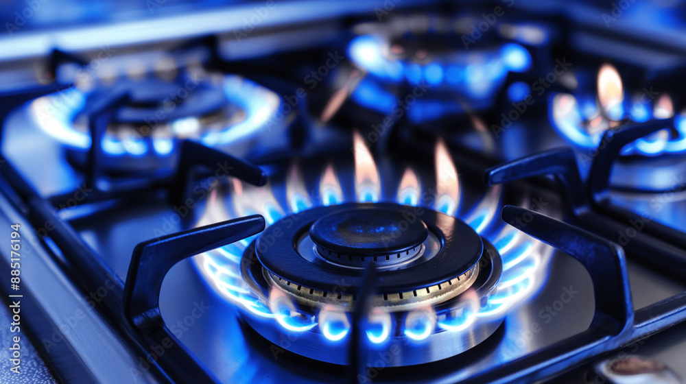Close-up of multiple lit gas burners on a stove with blue flames. Close-up of multiple lit gas burners on a stove with blue flames.