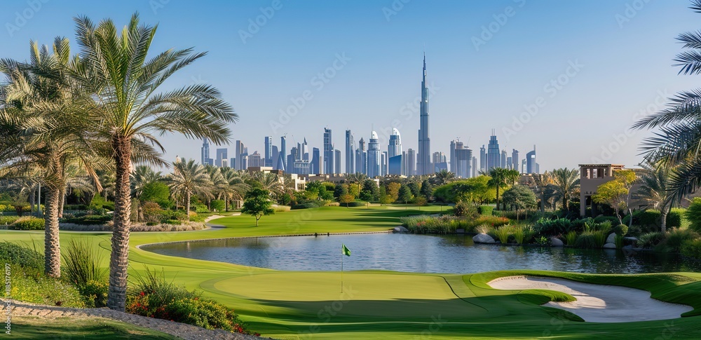 a beautiful golf course located in the middle of the city with a city view in the background a beautiful golf course located in the middle of the city with a city view in the background