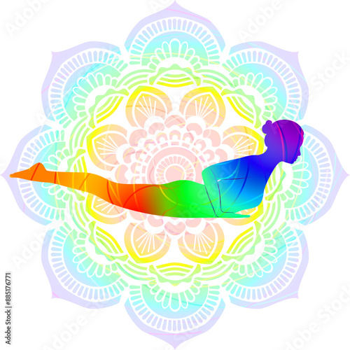 Colorful silhouette of woman practicing Shalabhasana B yoga pose. Locust II pose. Intermediate Difficulty. Isolated vector illustration