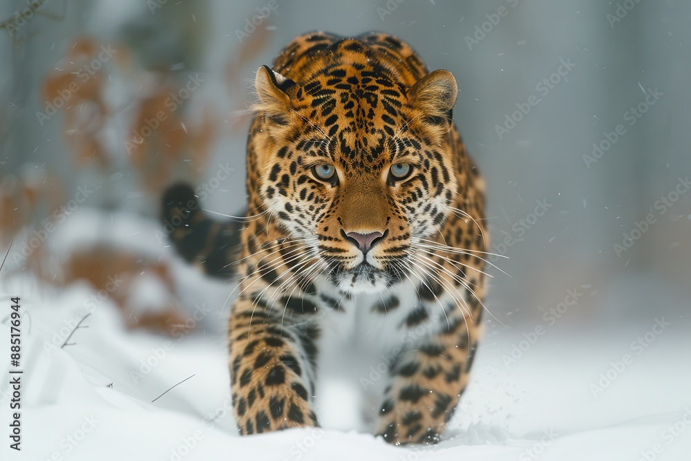 Obraz premium An Amur leopard stealthily moving through a snowy forest, its spotted coat providing perfect camouflage
