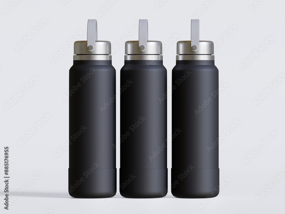 Black reusable water bottle realistic render on gray background Black reusable water bottle realistic render on gray background