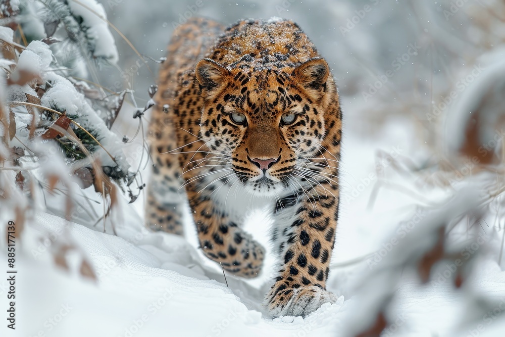 An Amur leopard stealthily moving through a snowy forest, its spotted coat providing perfect camouflage An Amur leopard stealthily moving through a snowy forest, its spotted coat providing perfect camouflage