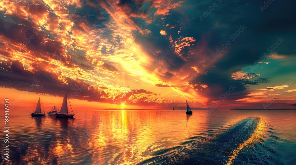 A dramatic sunset with the sky lit up in fiery hues A dramatic sunset with the sky lit up in fiery hues