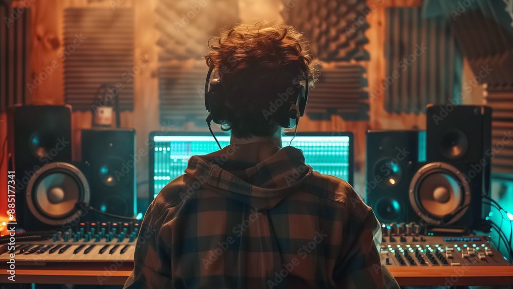 Obraz premium A musician is in a contemporary recording studio, surrounded by audio equipment, working on music production tasks like editing, mixing, and recording tracks