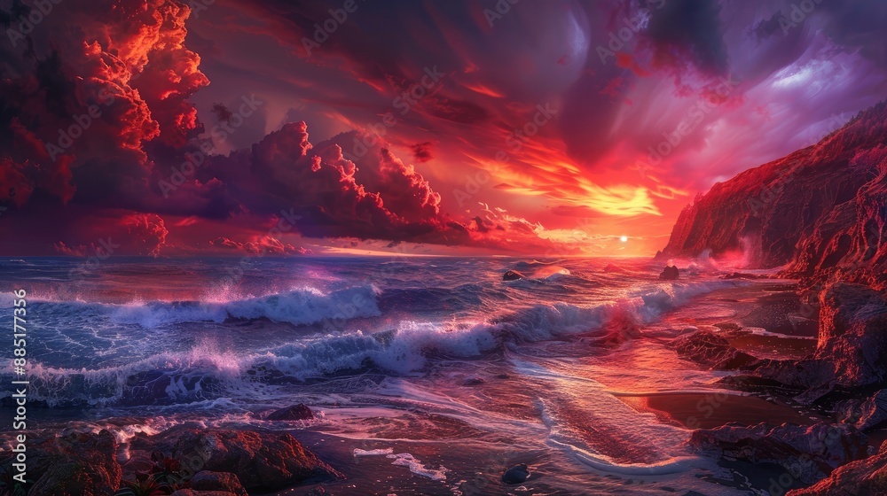 A dramatic sunset with the sky painted in fiery reds and purples A dramatic sunset with the sky painted in fiery reds and purples