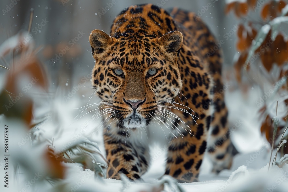 An Amur leopard stealthily moving through a snowy forest, its spotted coat providing perfect camouflage An Amur leopard stealthily moving through a snowy forest, its spotted coat providing perfect camouflage