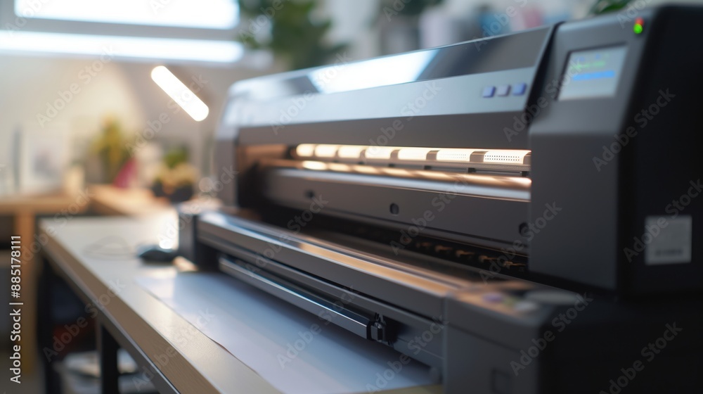 Obraz premium Large format printer in an office setting with paper being fed through it. A desk, task lamp, and potted plants are visible in the blurred background.
