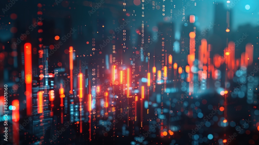 Fototapeta premium Abstract glowing big data forex candlestick chart on blurry city backdrop. Trade, technology, investment and analysis concept