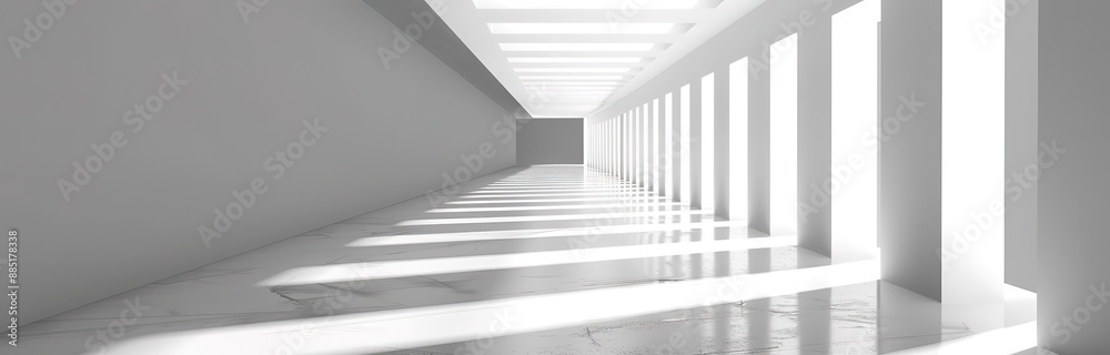 A large empty white hallway with rays of light from the side A large empty white hallway with rays of light from the side