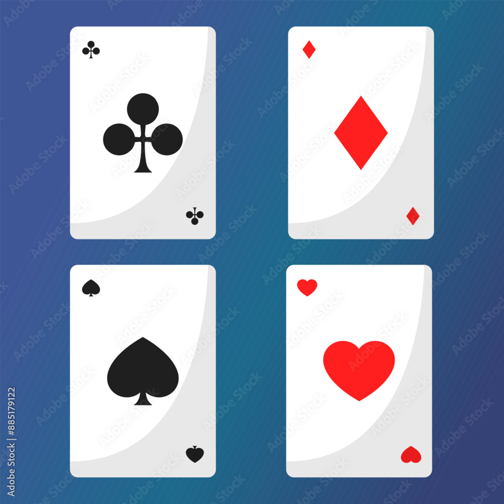 Playing cards of four suits set. Vector illustration of gaming icons. Heart, spade, diamond and club. Red and black symbols. Playing cards of four suits set. Vector illustration of gaming icons. Heart, spade, diamond and club. Red and black symbols.