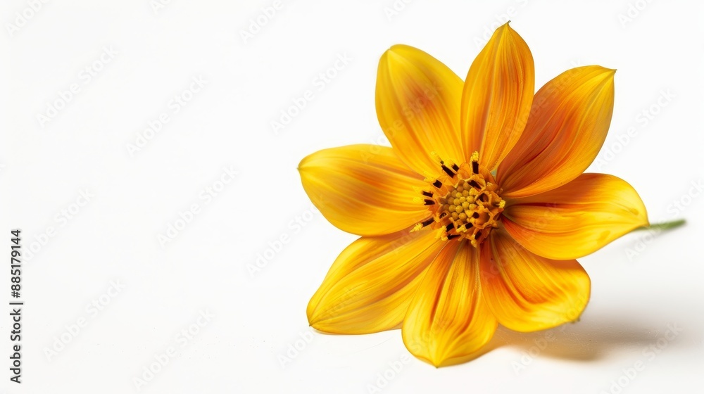 Vibrant orange flower blooms on a white background, showing delicate petals in full bloom, evoking the essence of a flourishing garden in spring or summer Vibrant orange flower blooms on a white background, showing delicate petals in full bloom, evoking the essence of a flourishing garden in spring or summer