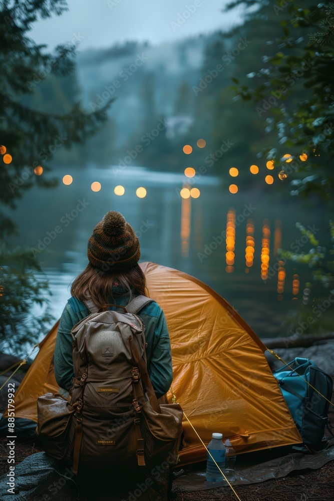 A serene evening camping by the lakeside, featuring a person sitting in front of an orange tent, surrounded by nature with distant lights reflected on the water A serene evening camping by the lakeside, featuring a person sitting in front of an orange tent, surrounded by nature with distant lights reflected on the water