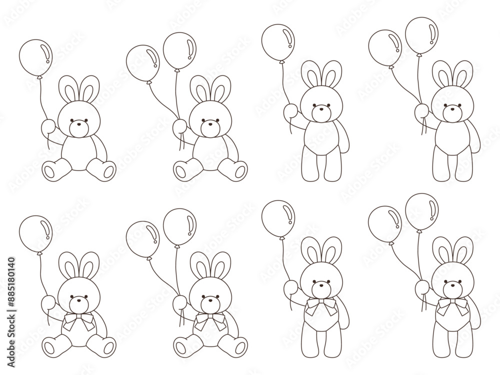 風船をもったかわいいうさぎのぬいぐるみのベクターイラストセット　アイコン　動物