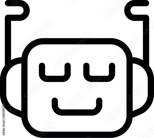 Simple smiling chatbot head with raised arms, designed in a clean outline style