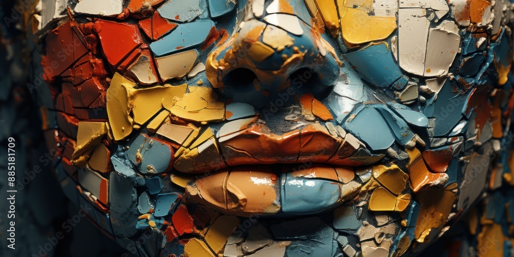 Close-up sculpture: face made from painted material pieces Close-up sculpture: face made from painted material pieces