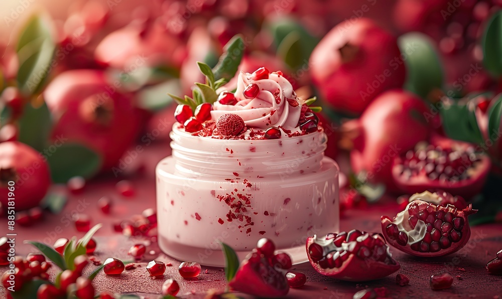 jar of moisturizer cream,slices of pomegranate,seeds on red background natural fruit cosmetics jar of moisturizer cream,slices of pomegranate,seeds on red background natural fruit cosmetics