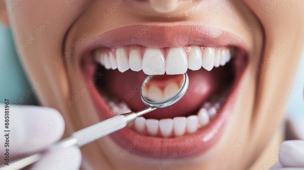 Naklejka premium Close up of beautiful woman's mouth with clean white teeth. Generate AI image