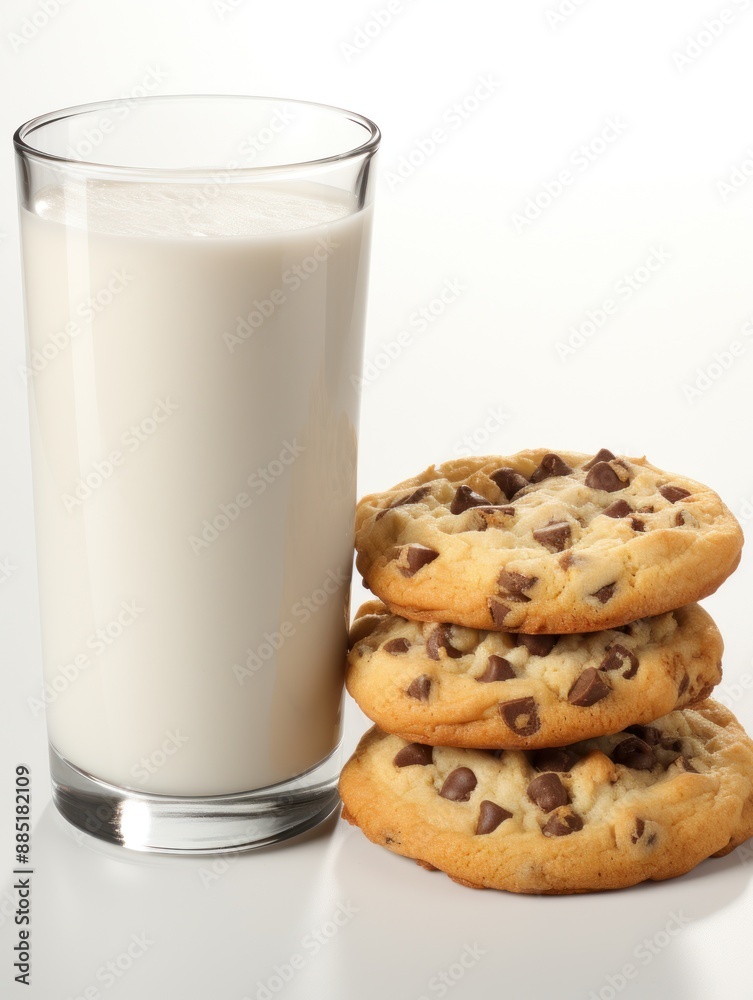 A glass of milk and three chocolate chip cookies sit on a white surface A glass of milk and three chocolate chip cookies sit on a white surface