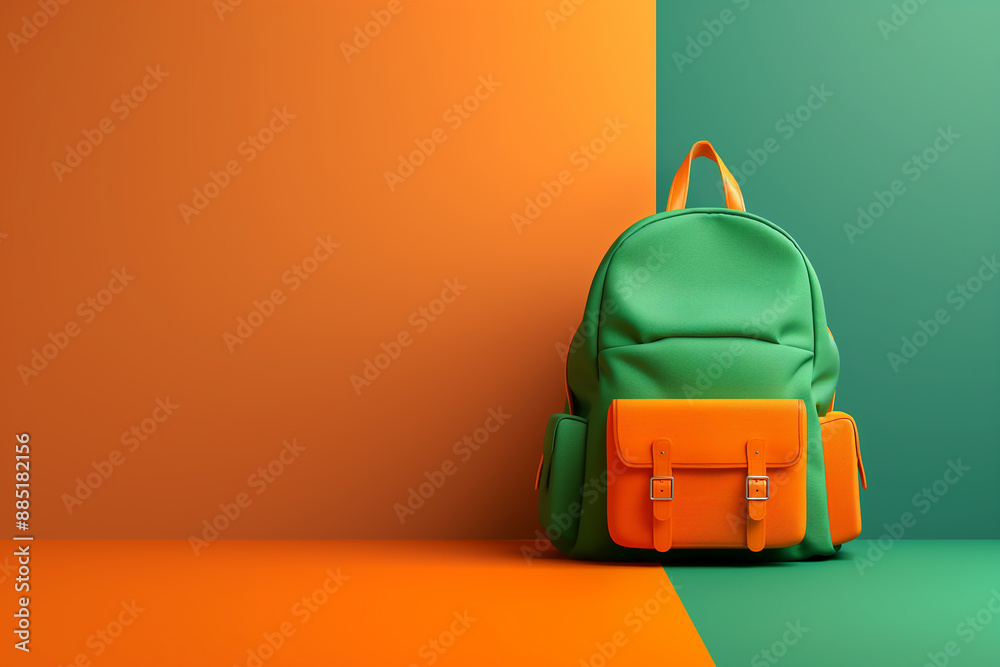Orange and green backpack-satchel made of fabric, eco-leather, on a green orange background. concept is back to school.