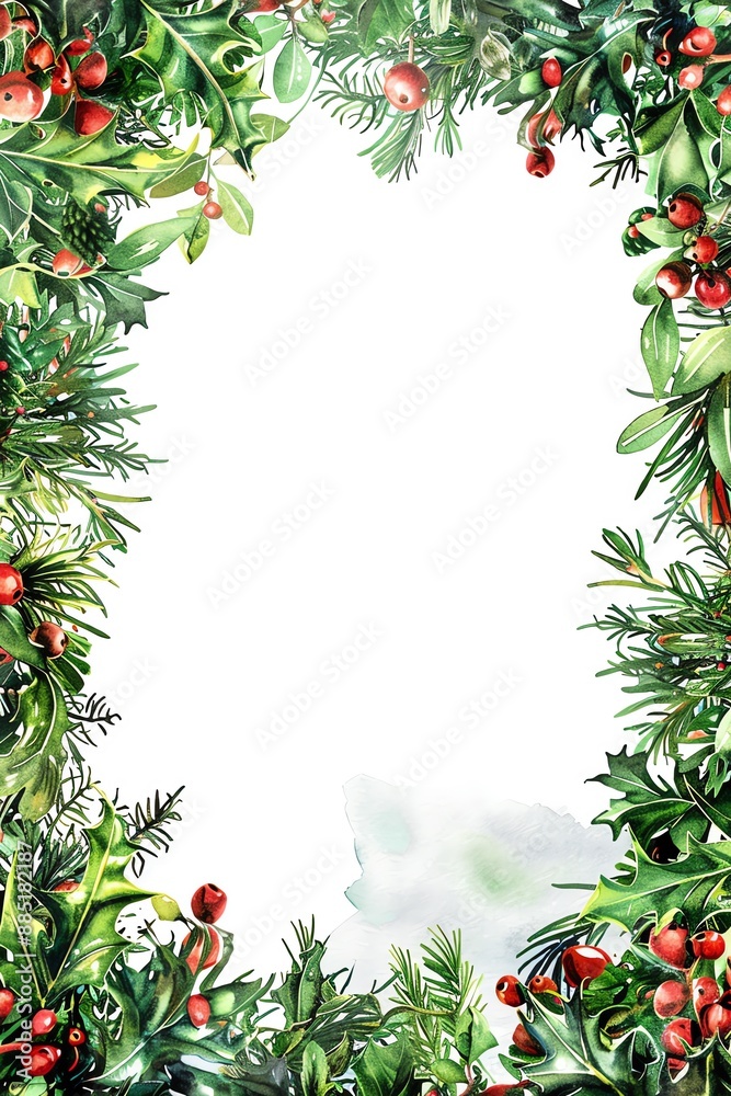 Jolly frame, tree garland, empty space center, watercolor style, focus cover all object, deep depth of field, no blur, Jolly frame, tree garland, empty space center, watercolor style, focus cover all object, deep depth of field, no blur,