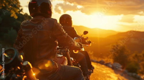 A biker gang riding together on their motorcycles at sunset,  photo