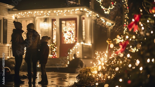 A family of four stands in front of their home, all lit up for the holidays.