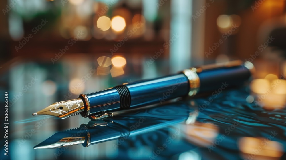 Naklejka premium A striking image of a luxurious blue fountain pen with a gold nib, resting on a reflective glass surface with a blurred background of warm lights