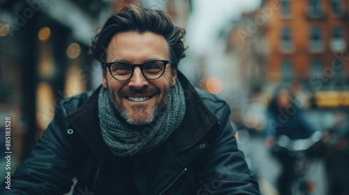 A cheerful man wearing glasses and a scarf smiles warmly at the camera while standing on a bustling city street, capturing a moment of genuine happiness.