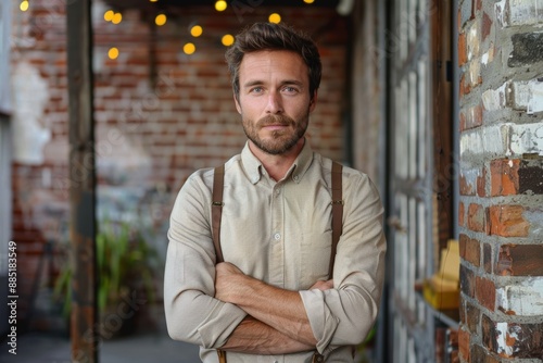 Confident young man with beard and suspenders standing outdoors against a charming brick wall with hanging lights in an urban setting