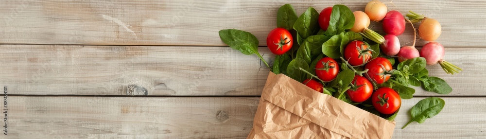 Fresh Vegetables Spilling from Paper Bag on Rustic Kitchen Table - Ample Copy Space