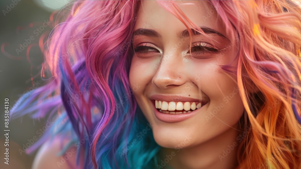 Naklejka premium Close up of happy young woman with colorful hair. Generate AI image