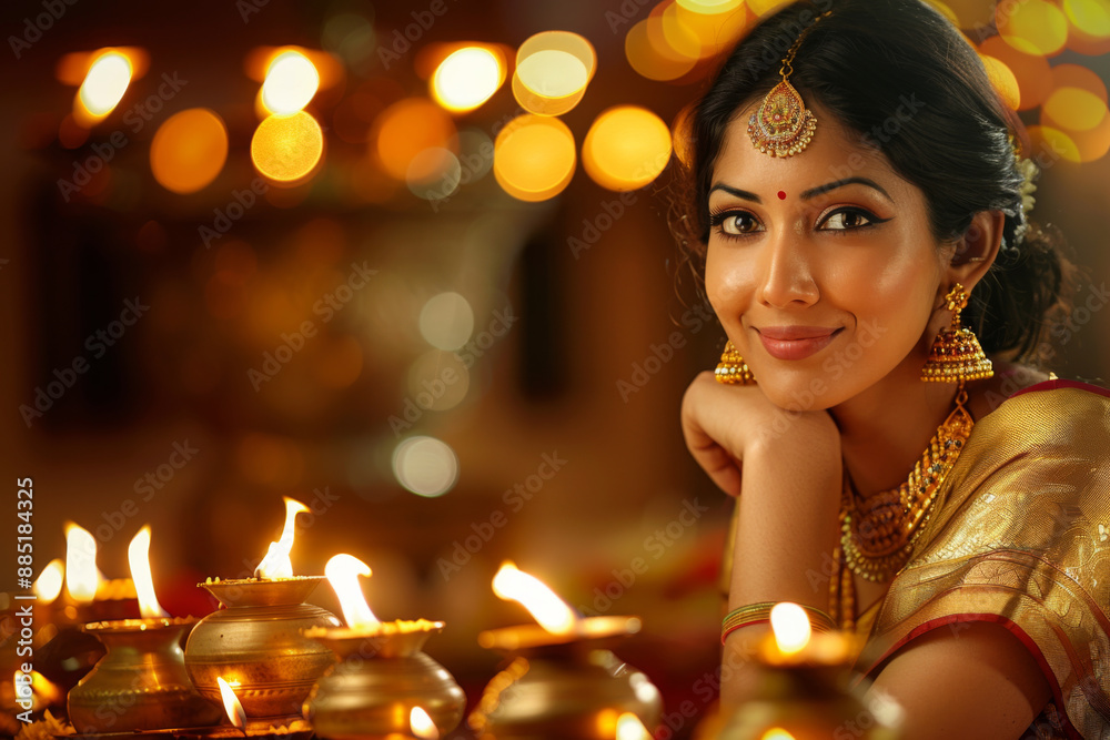 Portrait of a beautiful Indian woman wearing traditional costumes with a blurred lighted oil lamps in the background Portrait of a beautiful Indian woman wearing traditional costumes with a blurred lighted oil lamps in the background