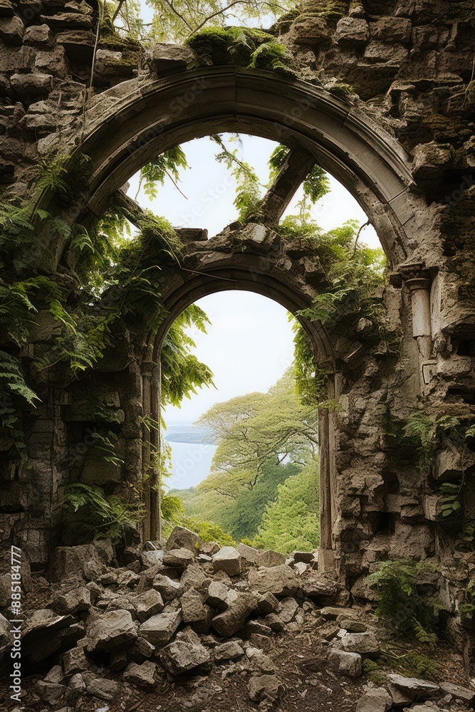 A ruined stone archway overgrown with vegetation frames a scenic view of a forest and a bay A ruined stone archway overgrown with vegetation frames a scenic view of a forest and a bay