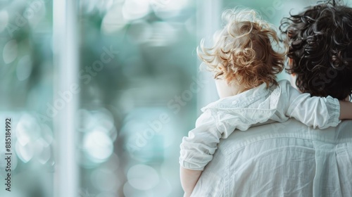 A parent holds their child close while looking out a window, showing greenery outside, depicting a serene moment of bonding and reflection in a bright home environment. photo