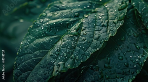 Close-up of green leaf with water droplets. Generate AI image