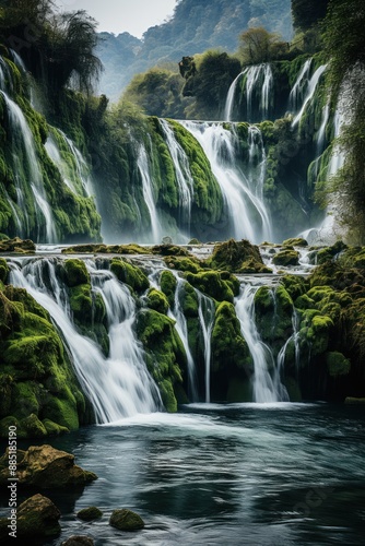 Multiple waterfalls cascade down moss-covered rocks in a serene jungle environment