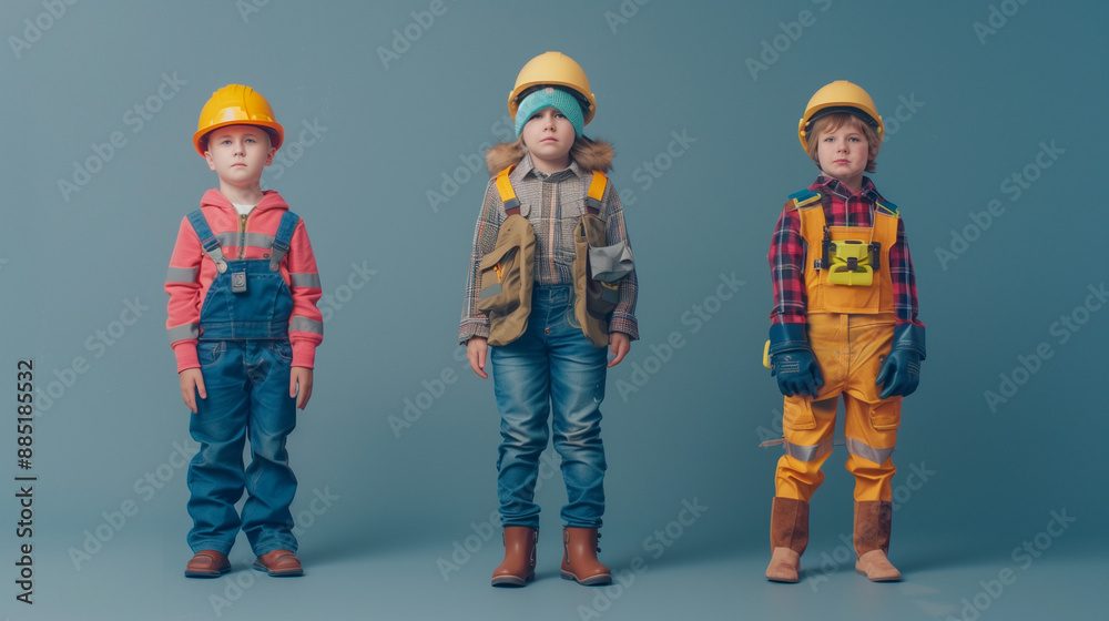 Naklejka premium boys in construction suits, concept of children in the profession on a blue background in full growth