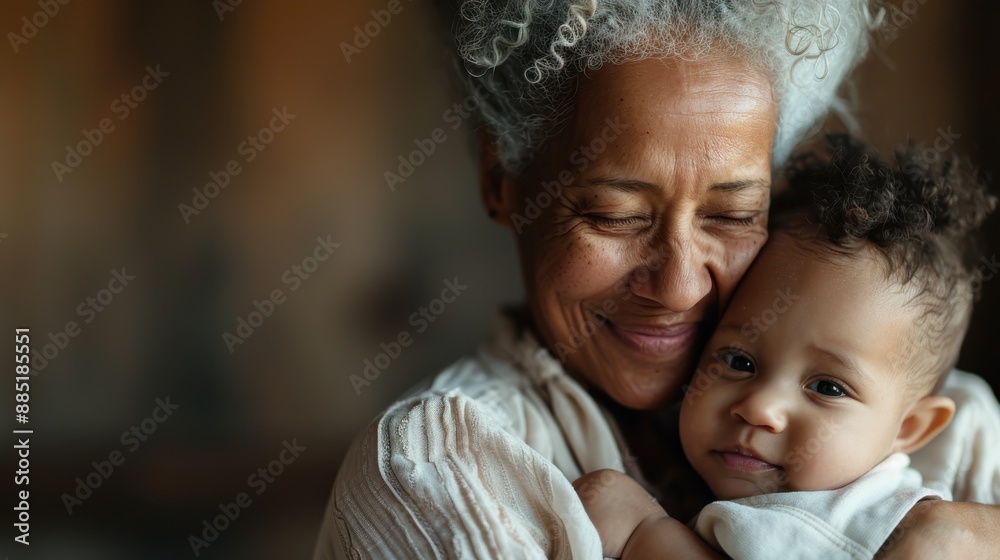 An elderly woman with gray hair embraces her grandchild, both smiling with genuine joy, highlighting the tender and loving relationship between a grandparent and grandchild. An elderly woman with gray hair embraces her grandchild, both smiling with genuine joy, highlighting the tender and loving relationship between a grandparent and grandchild.