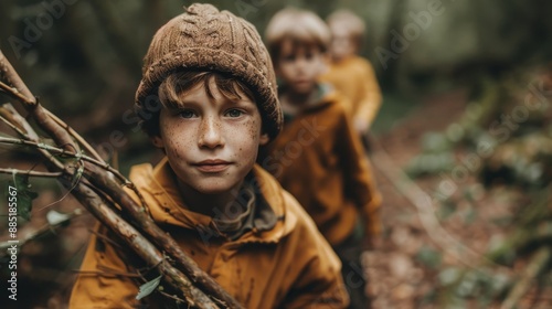 A young boy in a knitted cap leads a group of friends through a forest, exploring and embodying the spirit of adventure, curiosity, and childhood camaraderie amidst nature.