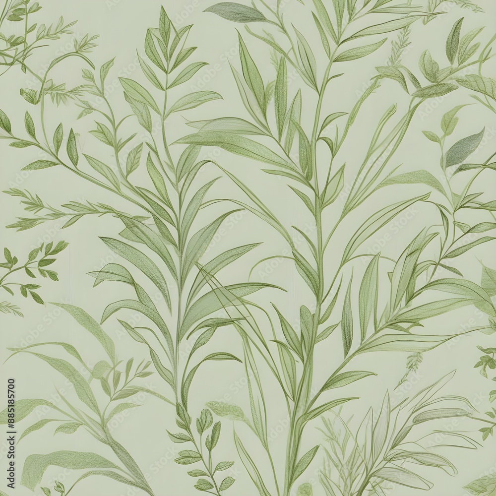 Obraz premium Green plant and leafs pattern. Pencil, hand drawn natural illustration. Simple organic plants design. Botany vintage graphic art. 4k wallpaper, background. Simple, minimal, clean design2