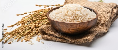 Raw white rice grains displayed in a bowl with a burlap sack and rice plant on a white background photo