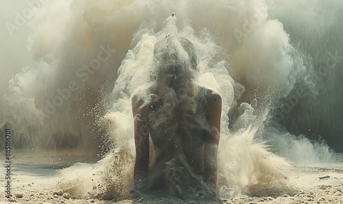 woman body disintegrates into dust concept of transformation reincarnation death loneliness