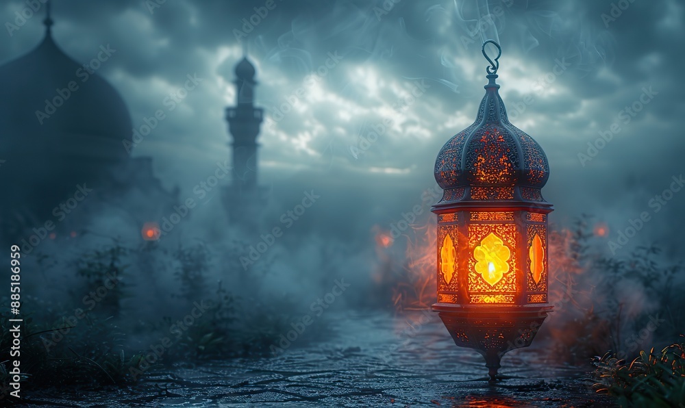 arabic lantern in shape of mosque on dark background,smoke ramadan kareem background banner arabic lantern in shape of mosque on dark background,smoke ramadan kareem background banner