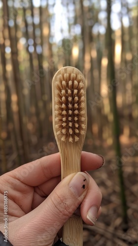 An individual holding a bamboo toothbrush in a forest, emphasizing the eco-friendly and sustainable choice for personal hygiene against a natural background