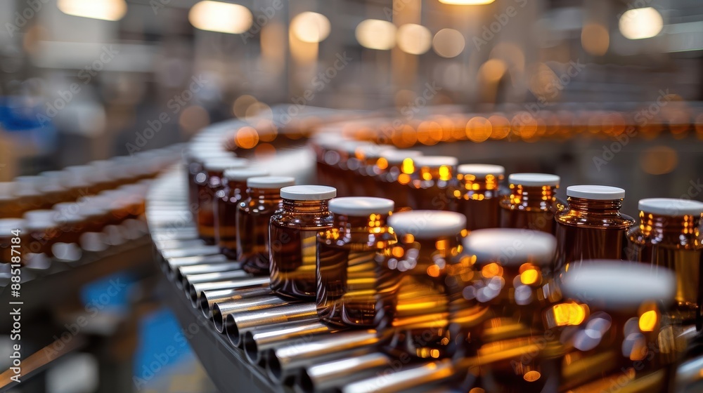 Conveyor belt production line with rows of pharmaceutical bottles in a sterile facility