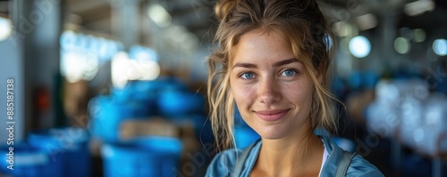 Portrait of a smiling woman with blue eyes in a casual setting, capturing a relaxed moment amidst a soft-focus background of a vibrant indoor environment