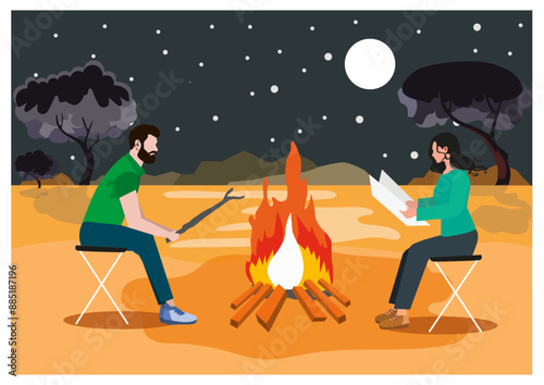 chairs around fire. Female or male characters sitting around a bonfire. Men and women friends camping outdoor. Couple Sitting Around Camp Fire. couple relax at wood camp Nature recreation illustration