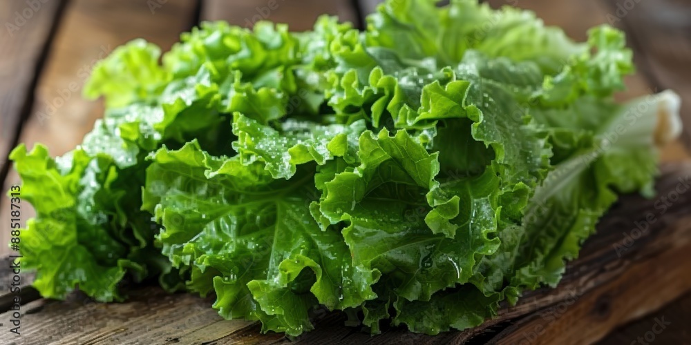 A close-up view of freshly harvested green lettuce with water droplets on rustic wooden background, capturing the freshness, texture, and vibrant green color of the leafy vegetable in detail A close-up view of freshly harvested green lettuce with water droplets on rustic wooden background, capturing the freshness, texture, and vibrant green color of the leafy vegetable in detail