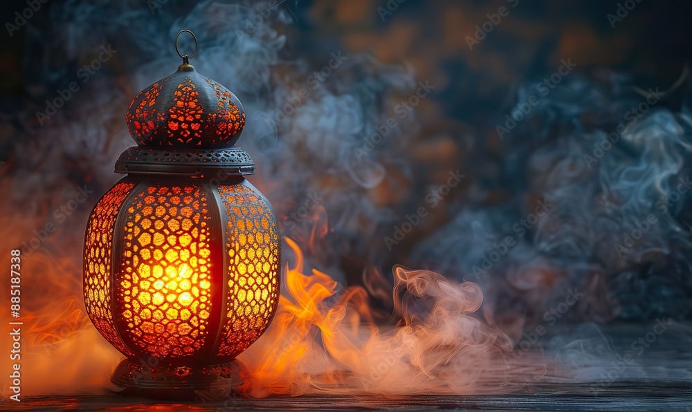 arabic lantern lights on table,smoke at night eid mubarak ramadan kareem islamic holidays greeting card arabic lantern lights on table,smoke at night eid mubarak ramadan kareem islamic holidays greeting card